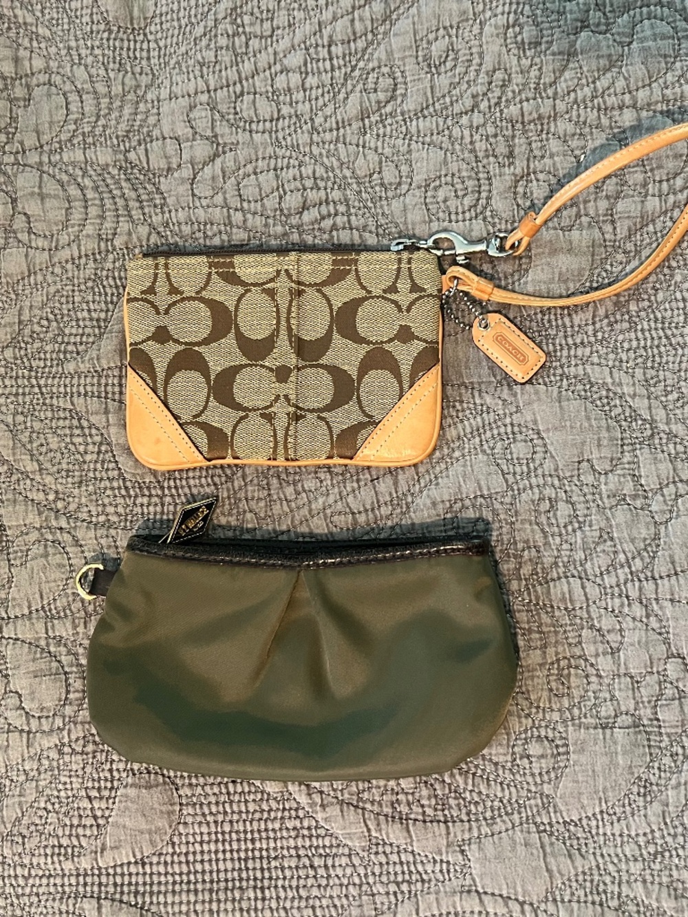 Vintage Coach Signature Jacquard  Tan Wristlet and MZ Wallace Olive Make Up Bag